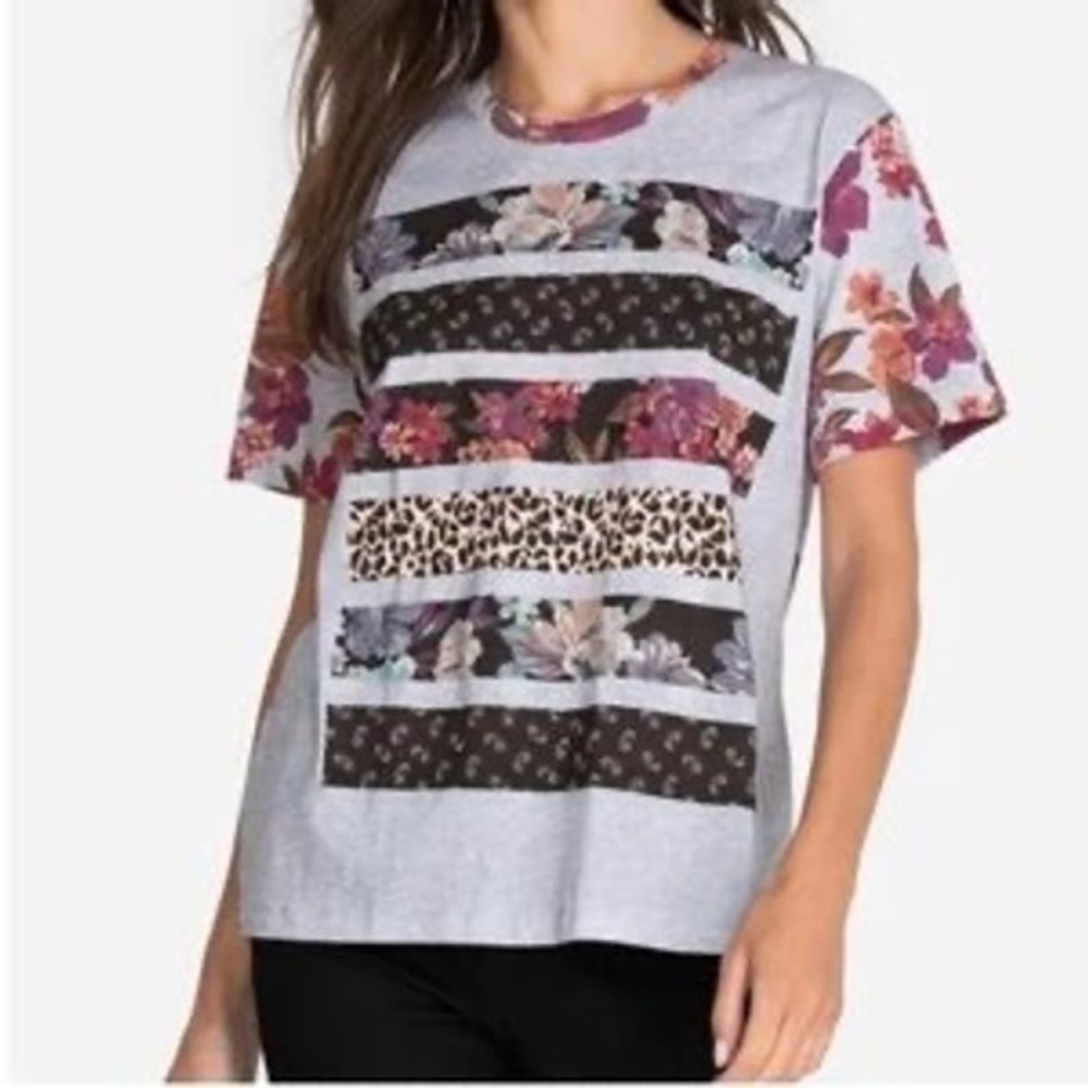 Johnny Was Mixed Media Floral Leopard Paisley Stripe T-Shirt Grey Small